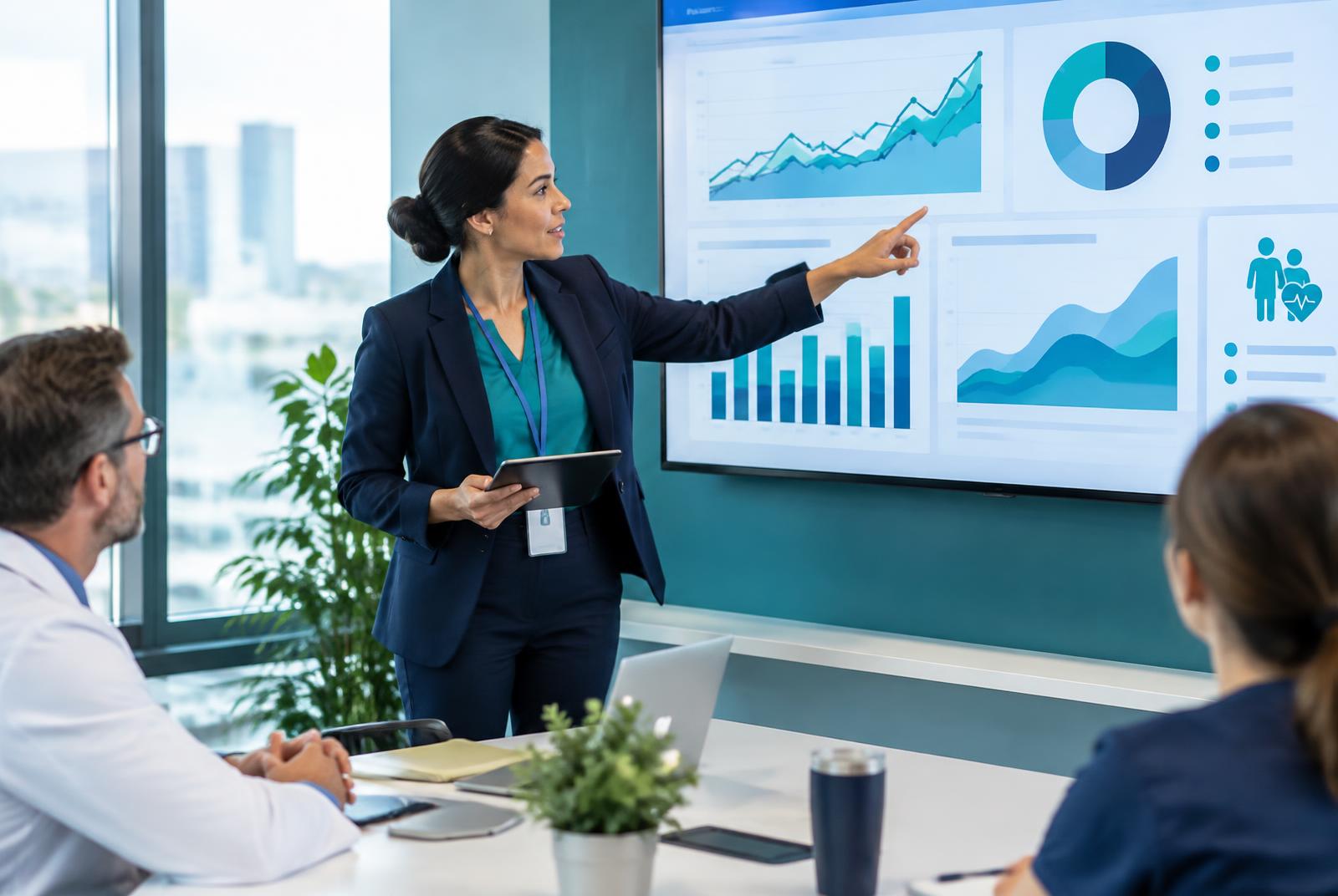Representative image of an operations review meeting with charts on screen